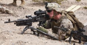 Reading, Penn., native Pfc. Cody Troxel, a machine gunner with Echo Company, 2nd Battalion, 8th Marine Regiment, 2nd Marine Division, completes his weapon checks after setting up his M240 Bravo machine gun during a dry-fire training exercise at Range 62, on Fort Bliss, Texas, April 5, 2014. Even though the Marines were not shooting live ammunition, the Marines treated it as if they were in order to maintain safe habits when operating the weapon system. (U.S. Marine Corps photo by Cpl. Austin Long)